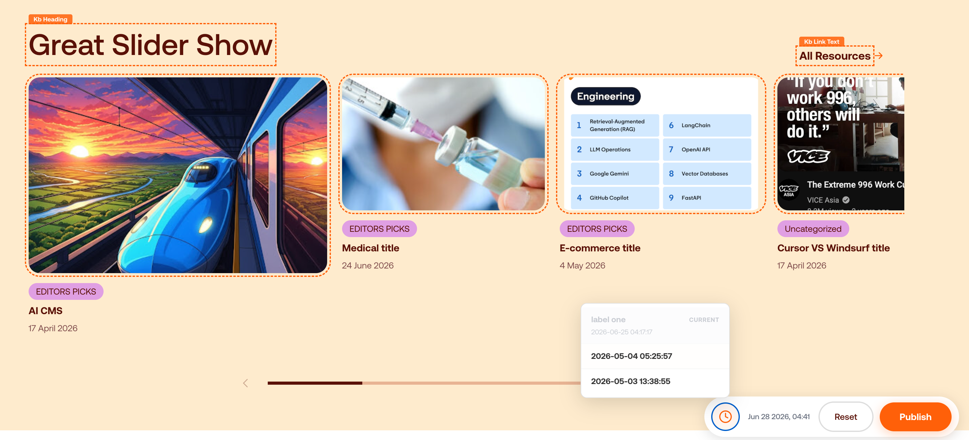 LiveCMS version history panel — browse, compare, and restore any past version inline